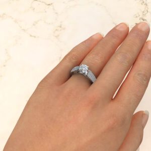 R027 White Gold Wide Band Three Row Round Cut Engagement Ring (5)