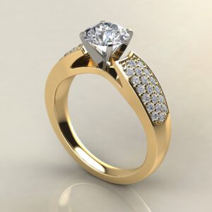 R027 Yellow Gold Wide Band Three Row Round Cut Engagement Ring