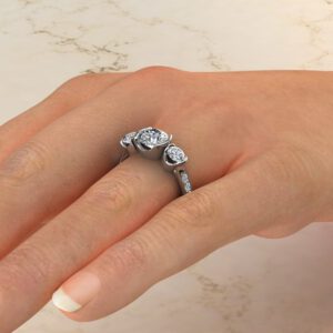 Three Stone Half Bezel Round Cut Moissanite Engagement Ring
