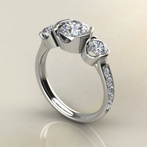 R032 White Gold Three Stone Half Bezel Round Cut Engagement Ring