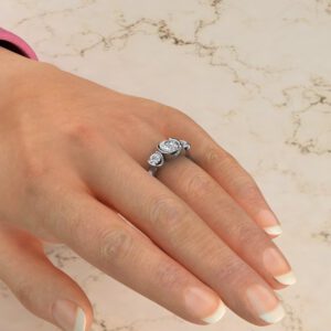 Three Stone Half Bezel Round Cut Moissanite Engagement Ring