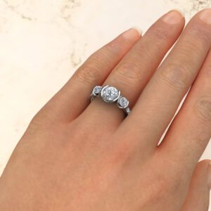 Three Stone Half Bezel Round Cut Lab Created Diamond Engagement Ring