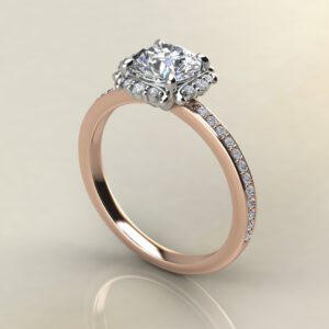 R035 Rose Gold Floral Halo Round Cut Engagement Ring