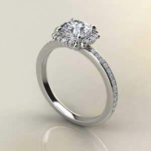 R035 White Gold Floral Halo Round Cut Engagement Ring