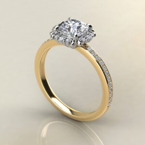 R035 Yellow Gold Floral Halo Round Cut Engagement Ring