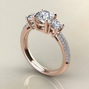 R040 Rose Gold Three Stone Micro Pave Round Cut Engagement Ring