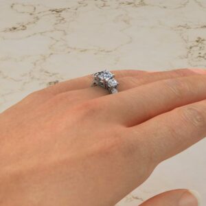Three Stone Micro Pave Lab Created Diamond Round Cut Engagement Ring