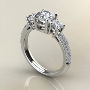 R040 White Gold Three Stone Micro Pave Round Cut Engagement Ring