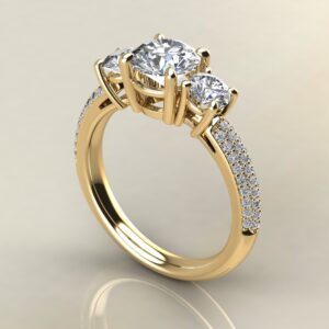 R040 Yellow Gold Three Stone Micro Pave Round Cut Engagement Ring