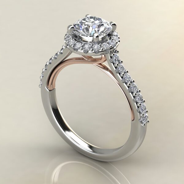 R041 White & Rose Gold Heart Two-Tone Halo Round Cut Engagement Ring