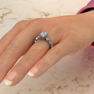 R045 White Gold Milgrain Round Cut Engagement Ring (5)