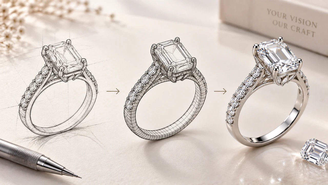 Custom engagement ring design process from sketch to CAD model to finished diamond ring