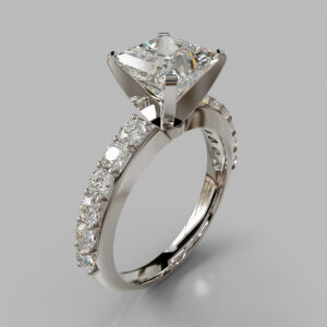Princess Cut Pave Lab Grown Diamond Engagement Ring - White Gold