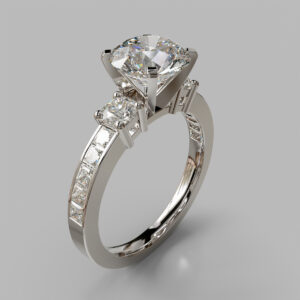 Round Cut Three Stone Pave Lab Grown Diamond Engagement Ring